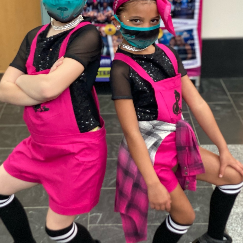 4 piece dance costume, pink and black with sequins